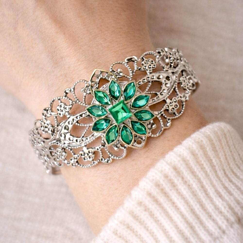 Silver Filigree Snap Cuff Bracelet Interchangeable Green and Red Rhinestone